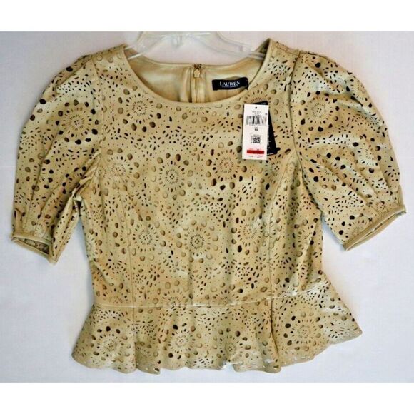 Lauren Ralph Lauren Women's Sz 10 Beige Lamb Leather Peplum Cutout Blouse $395 - Picture 7 of 13